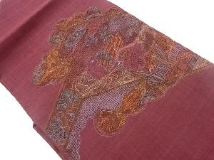 手織り紬汕頭刺繍雲取りに変わり菱・鴛鴦・草花模様名古屋帯